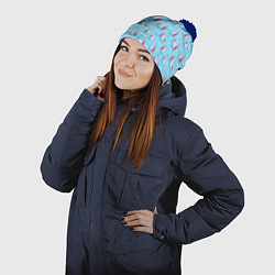 Шапка с помпоном Морской паттерн с парусными лодками и чайками, цвет: 3D-тёмно-синий — фото 2