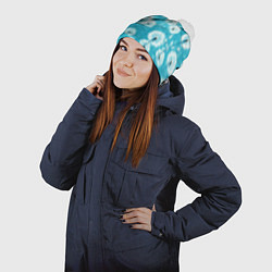 Шапка с помпоном Белые одуванчики на бирюзовом фоне, цвет: 3D-белый — фото 2