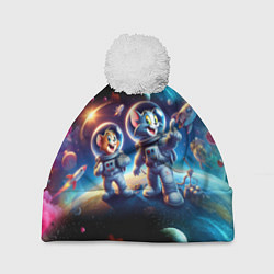 Шапка с помпоном Космонавты Том и Джерри в неоновом космосе, цвет: 3D-белый