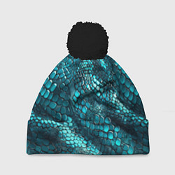 Шапка c помпоном Бирюзовая чешуя рептилии - абстрактный паттерн