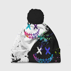 Шапка с помпоном Неоновые брызги - жуткие улыбки, цвет: 3D-черный