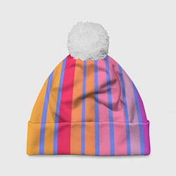 Шапка с помпоном Теплые цветные полосы, цвет: 3D-белый