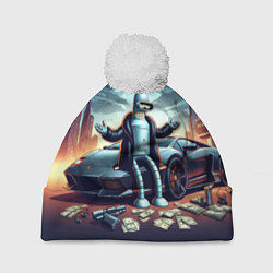 Шапка с помпоном Бендер рядом с Ламбо и рассыпанным баблом, цвет: 3D-белый