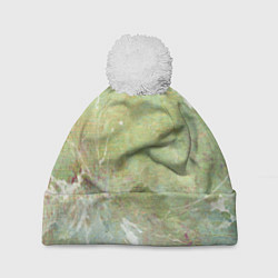 Шапка c помпоном Абстракция - white waves on green background