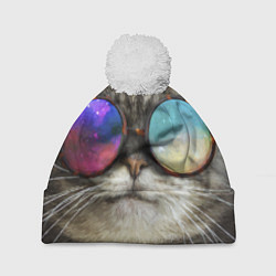 Шапка c помпоном A Cat with multicolored glasses