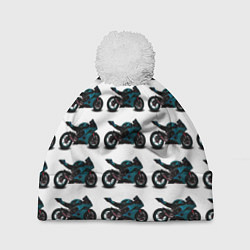 Шапка с помпоном Motorbike blue, цвет: 3D-белый