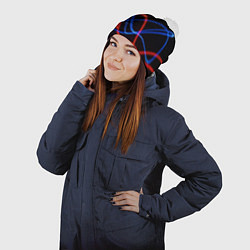 Шапка с помпоном Красно синие неоновые линии на черном фоне, цвет: 3D-белый — фото 2