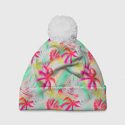 Шапка с помпоном Palm yellow pink, цвет: 3D-белый