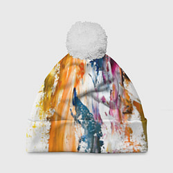 Шапка с помпоном Разноцветные мазки кисти на палитре художника, цвет: 3D-белый