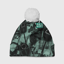 Шапка с помпоном Номер 456 на фоне масок игры в кальмара, цвет: 3D-белый