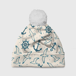 Шапка c помпоном Морской паттерн из штурвалов, чаек и якорей