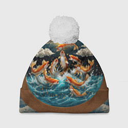 Шапка с помпоном Большие золотистые рыбы выпрыгивают из воды, цвет: 3D-белый