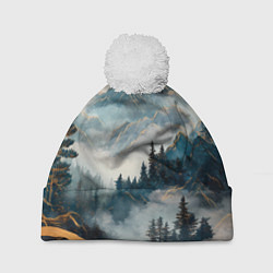Шапка с помпоном Японские горы и туман, цвет: 3D-белый