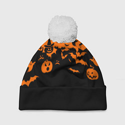 Шапка с помпоном Хэллоуин тыквы и призраки, цвет: 3D-белый