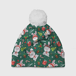 Шапка с помпоном Новогодние зайчики, цвет: 3D-белый