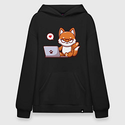 Толстовка-худи оверсайз Cute fox and laptop, цвет: черный