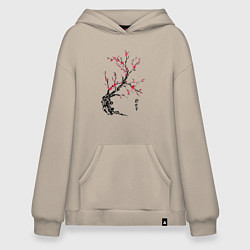 Толстовка-худи оверсайз Сакура с иероглифами, цвет: миндальный