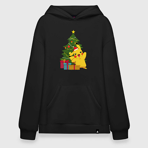 Худи оверсайз Новогодний Пикачу и елка / Черный – фото 1
