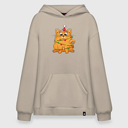 Толстовка-худи оверсайз Рыжий Новогодний кот, цвет: миндальный