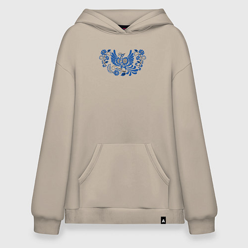 Худи оверсайз Синяя птица в орнаменте гжель / Миндальный – фото 1
