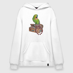 Толстовка-худи оверсайз Зеленый попугай на сундуке с сокровищами, цвет: белый