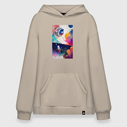 Толстовка-худи оверсайз Абстрактный космонавт и разноцветные брызги краски, цвет: миндальный