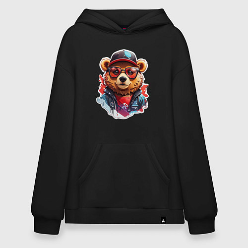 Худи оверсайз Модный медведь в кепке и в очках / Черный – фото 1