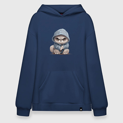 Худи оверсайз Злой кот в капюшоне / Тёмно-синий – фото 1