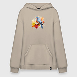 Толстовка-худи оверсайз Птичка и осенние листья, цвет: миндальный