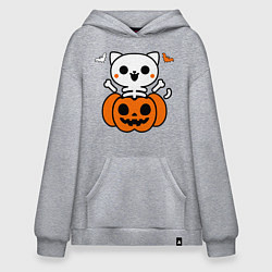 Толстовка-худи оверсайз Веселый кот-скелет в тыкве - Хэллоуин, цвет: меланж