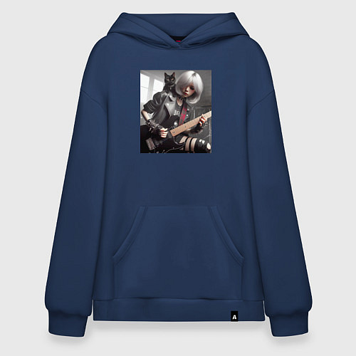 Худи оверсайз Девчонка рок гитарист с чёрным котом / Тёмно-синий – фото 1