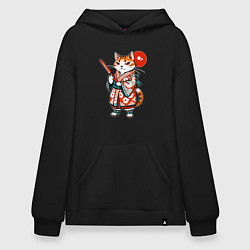 Толстовка-худи оверсайз Кошечка в кимоно в японском стиле, цвет: черный