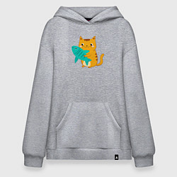 Толстовка-худи оверсайз Рыжий котик с рыбкой, цвет: меланж