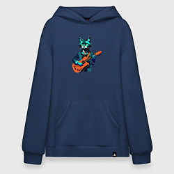 Толстовка-худи оверсайз Кот с гитарой киберпанк, цвет: тёмно-синий