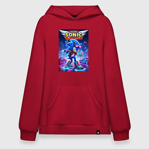 Худи оверсайз Sonic racing team - hedgehog on a board / Красный – фото 1