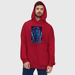 Толстовка-худи оверсайз Девушка с наушниками в неоне, цвет: красный — фото 2