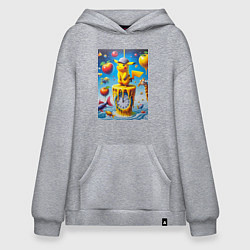 Толстовка-худи оверсайз Funny Pikachu and fishes - surrealism, цвет: меланж