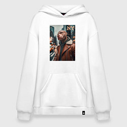 Толстовка-худи оверсайз Чувак питбуль смотрящий Нью-Йорка - нейроарт, цвет: белый