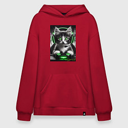 Толстовка-худи оверсайз Котёнок командный геймер - киберспорт, цвет: красный