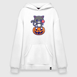 Толстовка-худи оверсайз Хэллоуин котик с леденцом, цвет: белый