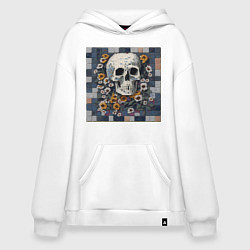 Толстовка-худи оверсайз Череп в цветах мозаика, цвет: белый