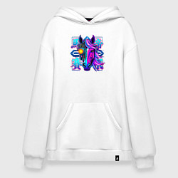 Толстовка-худи оверсайз Киберпанк лошадь с неоновыми иероглифами, цвет: белый