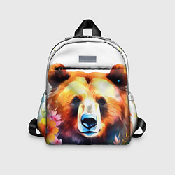Детский рюкзак Морда медведя гризли с цветами акварелью, цвет: 3D-принт
