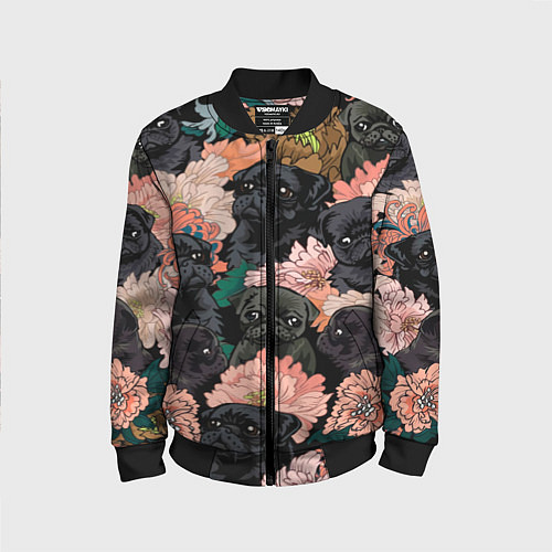 Детский бомбер Мопсы и Цветы / 3D-Черный – фото 1
