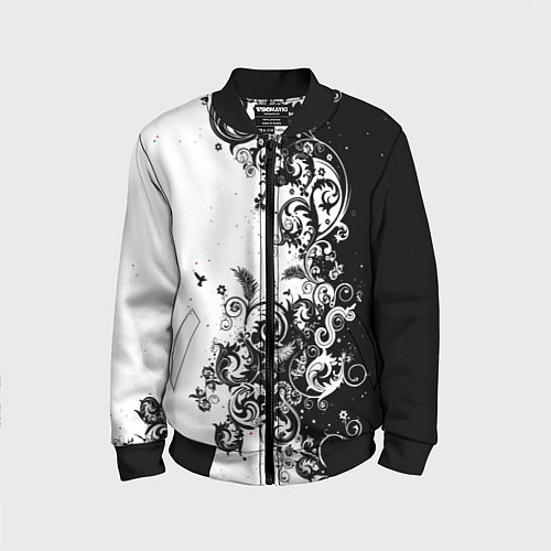 Детский бомбер Черно-белая птица среди узорчатых цветов / 3D-Черный – фото 1