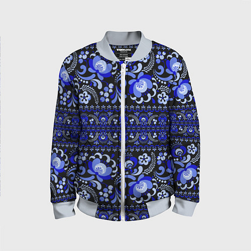 Детский бомбер Новогодняя гжельская роспись цветами на чёрном фон / 3D-Серый – фото 1