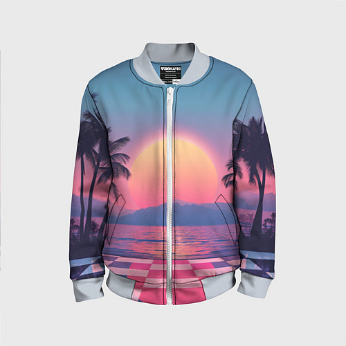 Детский бомбер Пальмы на шахматном полу с видом на закат / 3D-Серый – фото 1
