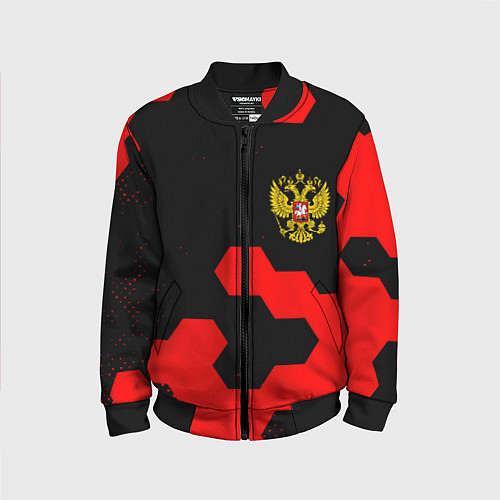 Детский бомбер Герб РФ спортивный стиль соты / 3D-Черный – фото 1