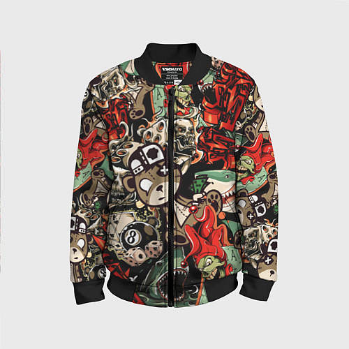 Детский бомбер Граффити плюшевого медведя среди акул азарта / 3D-Черный – фото 1