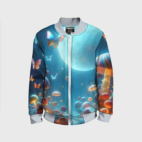 Детский бомбер Сказочные грибы и бабочки под луной - фантазия / 3D-Серый – фото 1